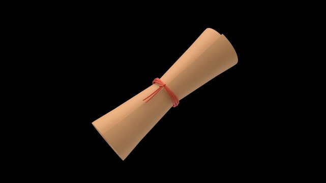Antique paper scroll 3D icon tied with red rope isolated on black background. Concept of history, diploma, certificate, secret document or map.