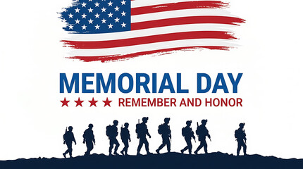 Naklejka premium Memorial day banner with american flag and silhouette of soldiers