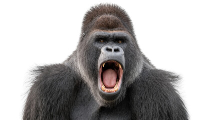 Aggressive male gorilla roaring with mouth open, isolated on transparent background © Emilija