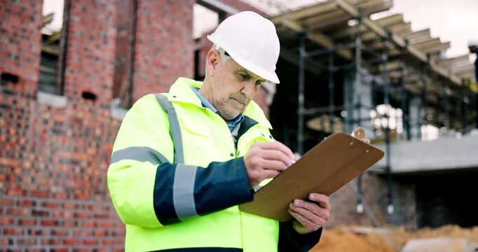 Clipboard, checklist and man on construction site for task brief, inspection or safety update. Writing, management and mature engineer with paperwork, report or project coordination for renovation