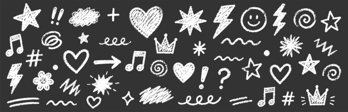 Collection of hand drawn chalk doodle elements including stars, hearts, music notes, crowns, lightning bolts, and abstract shapes on a dark chalkboard background.