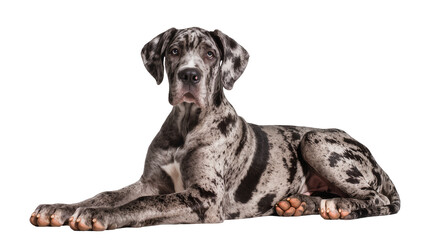 Merle Great Dane dog lying down looking at camera © Emma