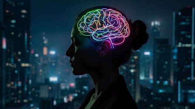 Caucasian woman philosopher with glowing neon brain wires standing against city skyline at night. Mental health and psychological confusion with copy space