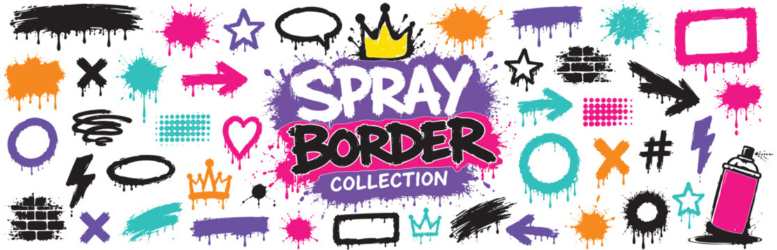 Collection of various graffiti spray paint elements, including paint drips, ink splashes, arrows, frames, and shapes isolated on white background.
