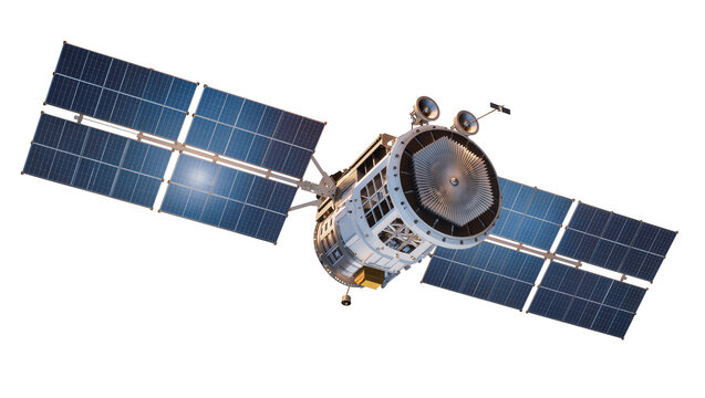 Space satellite with large solar panels and antenna