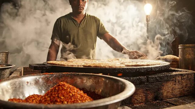 Street food seller preparing traditional Indian flatbreads on a steaming griddle with vibrant spices and warm lighting, showcasing an authentic cooking process.