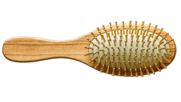 Wooden hair brush with golden pins and light green cushion