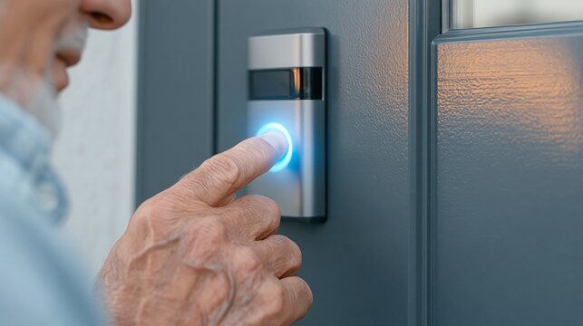 Elderly man using his finger to press a glowing blue button on a modern silver smart doorbell at front door