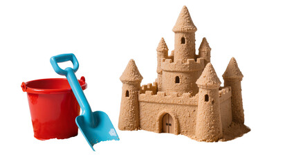 Sandcastle with red bucket and blue shovel © Leon