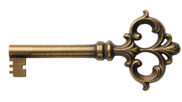 Antique ornate brass skeleton key with decorative bow, isolated on transparent background