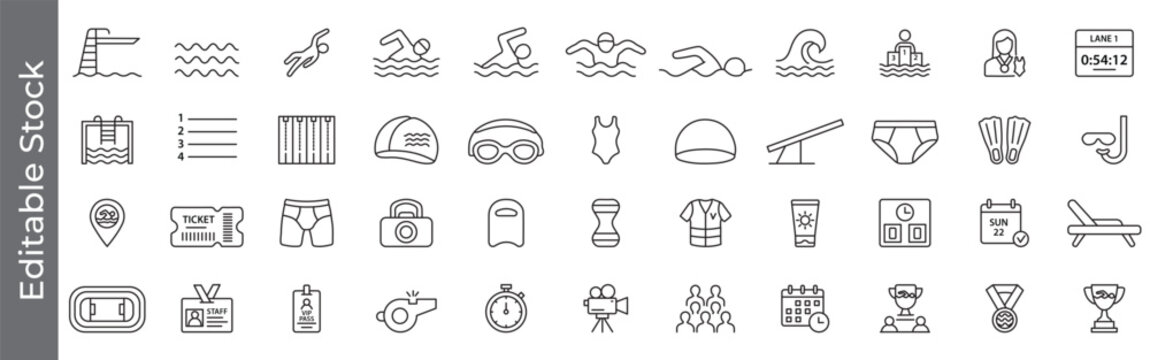 Swimming and aquatic sports icon set &ndash; editable outline symbols of pool, swimmer, swimsuit, competition, diving board, flipper, lane, timer, raining and race event