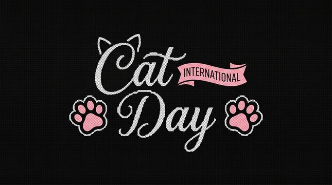 International Cat Day greeting card in elegant cursive script with pink accents on black background for social media