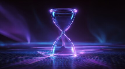 Fototapeta premium Glowing neon hourglass visualizing time passing on a shimmering digital grid under futuristic purple and blue light