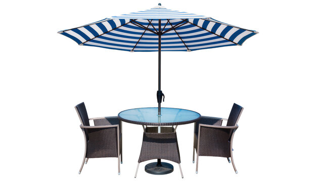 Outdoor patio table with chairs and blue striped umbrella