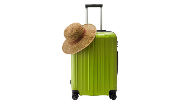 Green hard-shell suitcase with straw hat on top