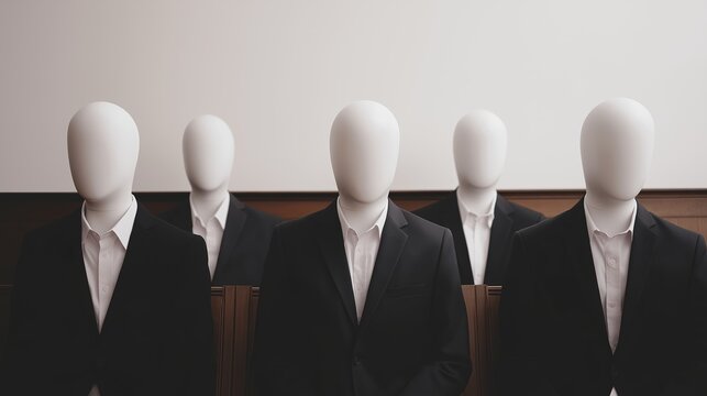 Corporate group of anonymous faceless mannequins representing conformity and artificial intelligence in a system setting
