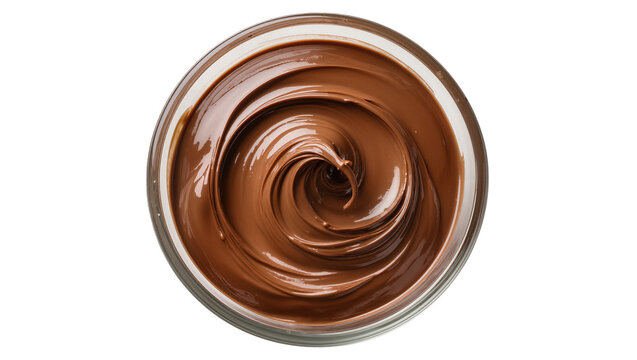 Swirled chocolate hazelnut spread in glass jar, isolated on transparent background