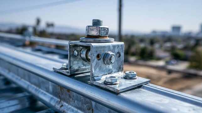Industrial steel mounting bracket with zinc plating and threaded bolts attached to a metal rail under bright natural daylight conditions