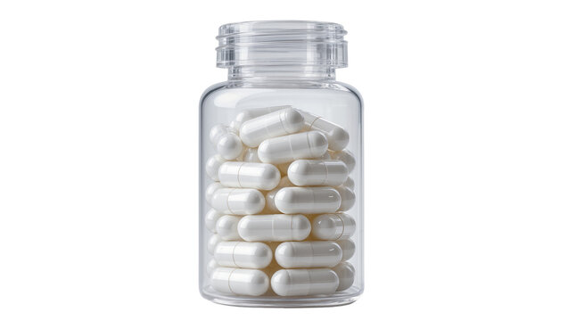 Clear plastic bottle filled with white capsules