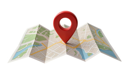 Red map pointer on folded paper city map, isolated on transparent background © Emilija