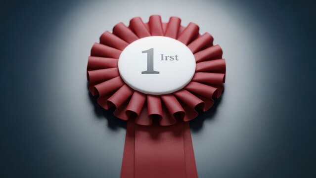 A ribbon rosette award with "1st" on a white center