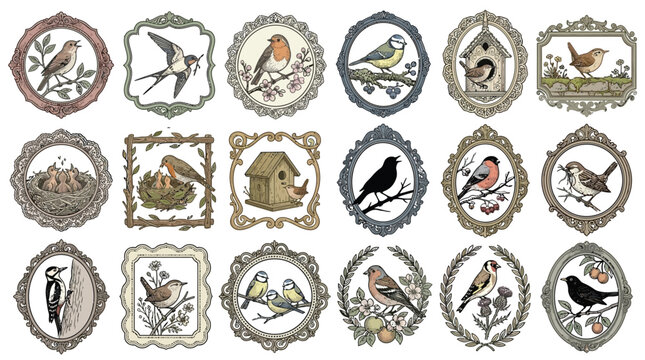 Collection of Vintage Illustrations Featuring Various Birds in Decorative Frames.