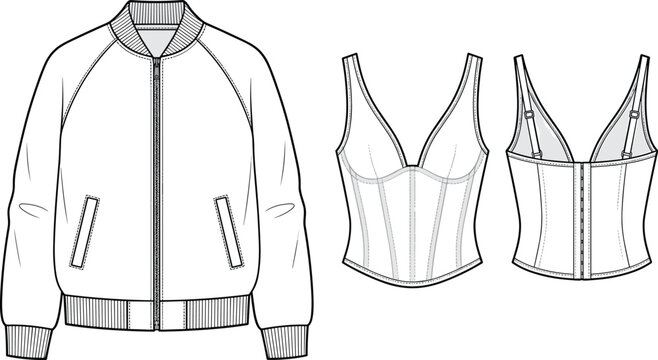 Fashion technical sketch of a unisex raglan bomber jacket with zipper and a women structured corset top