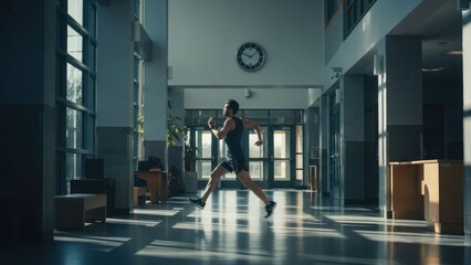 Athletic male figure running quickly through a long, empty corridor