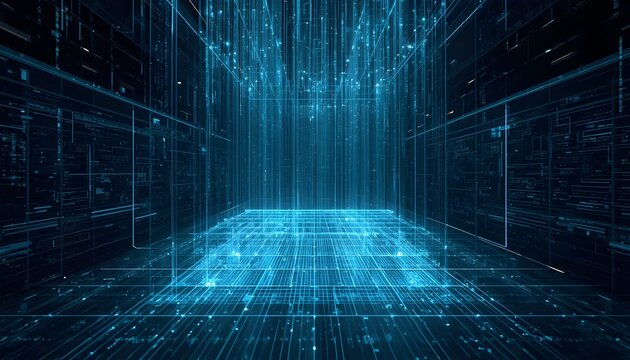 Abstract digital space featuring glowing blue data streams and complex geometric grid infrastructure representing advanced artificial intelligence networking concepts