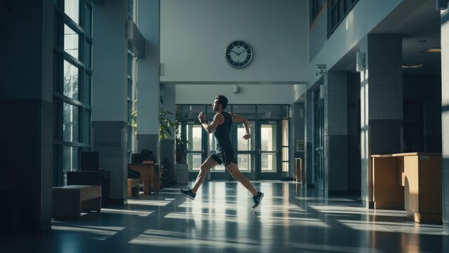 Athletic male figure running quickly through a long, empty corridor