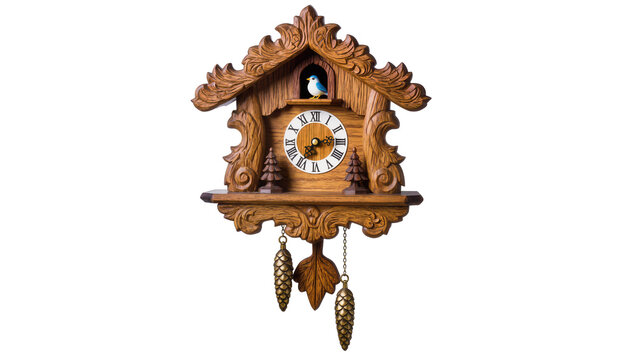 Ornate wooden cuckoo clock with blue bird and pinecone pendulum