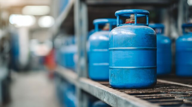 Blue gas cylinders lined up on a metal rack within an industrial setting, symbolizing energy, fuel, and storage
