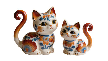 Fototapeta premium Two ceramic cat figurines with floral patterns