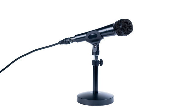 Black dynamic microphone on adjustable desk stand with cable