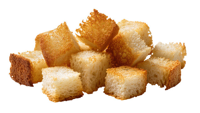 Pile of golden brown toasted bread cubes, croutons