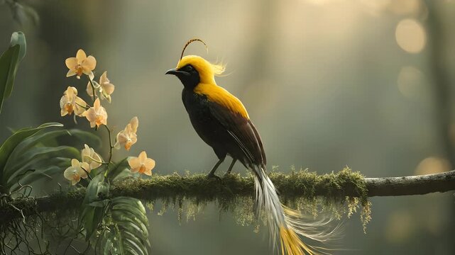 A vibrant bird of paradise with yellow and black plumage perches on a mossy branch next to delicate yellow orchids in a misty forest