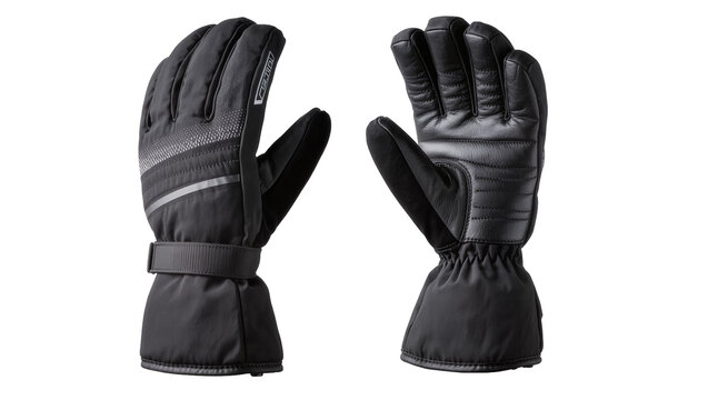 Black winter ski gloves with reflective details and leather accents