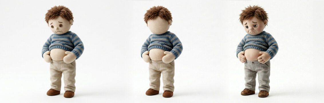 お腹が出てきたのを気にするぬいぐるみの中年男性　Stuffed-toy　Male　Belly　Chubby　Concerned
