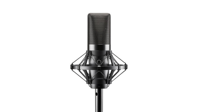 Professional studio condenser microphone with shock mount, isolated on transparent background