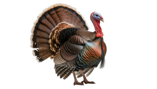 Wild turkey bird with fanned tail feathers and red wattle