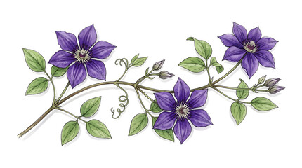 Fototapeta premium Watercolor Illustration of Purple Clematis Vine on Curling Tendril Branch on White Background