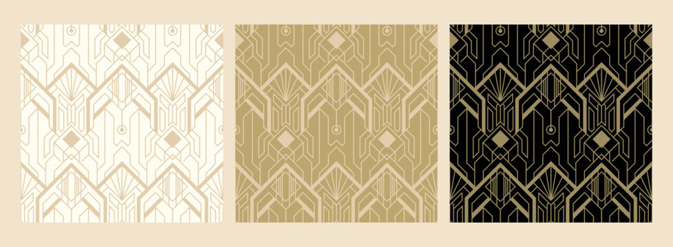 Set of 3 Background pattern geometric elegance lines and triangles abstract gold luxury color vector. Templates for wrapping paper or wallpaper. Retro style graphic elements.