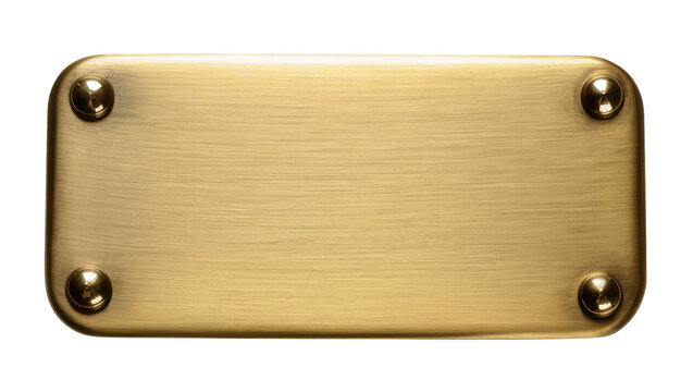 Brushed brass rectangular plaque with rounded corners and four brass rivets, isolated on transparent background