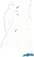 Naklejka premium Mississippi water bodies vector map with lakes, rivers, reservoirs and shaded relief terrain (Albers equal area conic projection, PPT-compatible & fully editable)