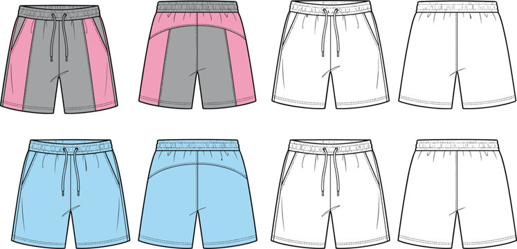 Men sport shorts fashion flat technical sketch templates pack showing front and back views of activewear vector illustrations