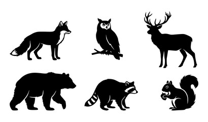 Obraz premium Black Forest Animal Silhouette Bundle with Bear Deer Fox Owl Raccoon and Squirrel