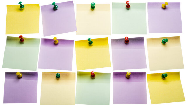 Assorted colorful sticky notes with push pins, isolated on transparent background