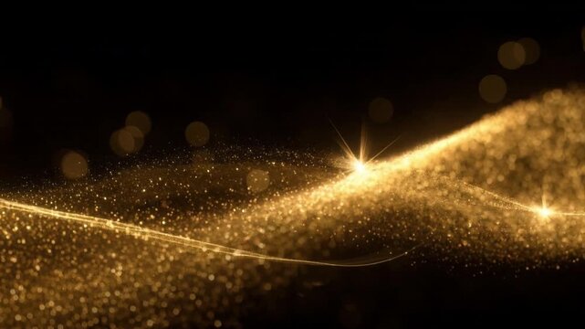 Shimmering golden wave of light particles flowing smoothly across dark background with glowing starburst highlights in elegant abstract design