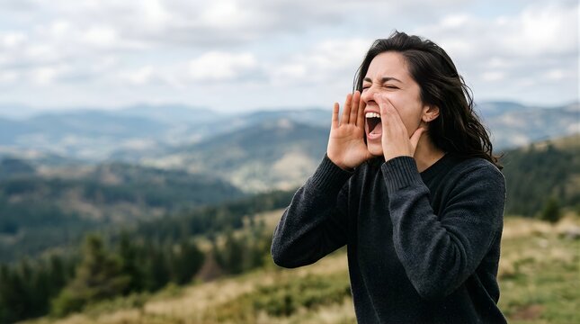 Happy woman yelling outdoors with hands near mouth against mountain view