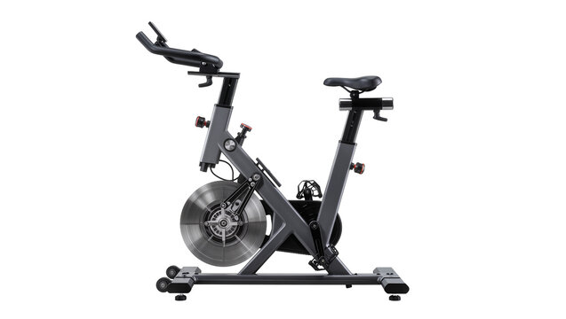 Gray exercise bike with silver flywheel and black seat